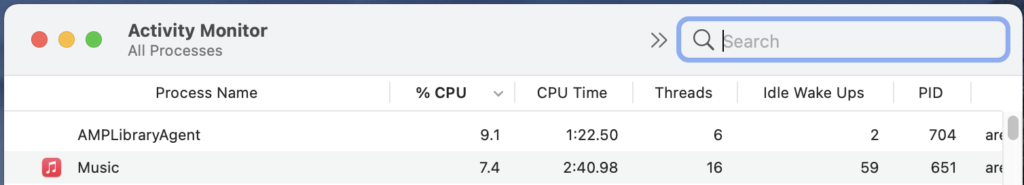 OSX Activity Monitor window with search button selected