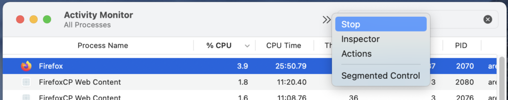 Activity Monitor with selected process and menu